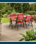 Outdoor scene with Heavy Duty Adjustable Height Folding Table For Pro Events Built Tough 6 Foot Premium Industrial Table with red top and chairs.