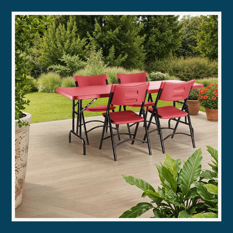 Outdoor scene with Heavy Duty Adjustable Height Folding Table For Pro Events Built Tough 6 Foot Premium Industrial Table with red top and chairs.