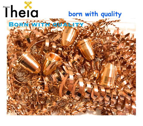 Close-up of copper parts from Plasma Cutting Torch Replacement Kit For S45 PD0116-09 10pc Set 40 To 50 Amps with metal shavings.