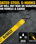 Yellow strap with black coated steel S-hook, featuring 'DEWALT' branding, used for Lightweight 1.25 Inch By 12 Foot Ratchet Tie Down Straps 1800 Lb Break Strength 4 Pack For Secure Cargo Hauling With Ergonomic Wide Grip Open Handle And Durable Coated Steel Ratchets.