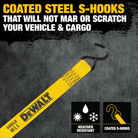 Yellow strap with black coated steel S-hook, featuring 'DEWALT' branding, used for Lightweight 1.25 Inch By 12 Foot Ratchet Tie Down Straps 1800 Lb Break Strength 4 Pack For Secure Cargo Hauling With Ergonomic Wide Grip Open Handle And Durable Coated Steel Ratchets.