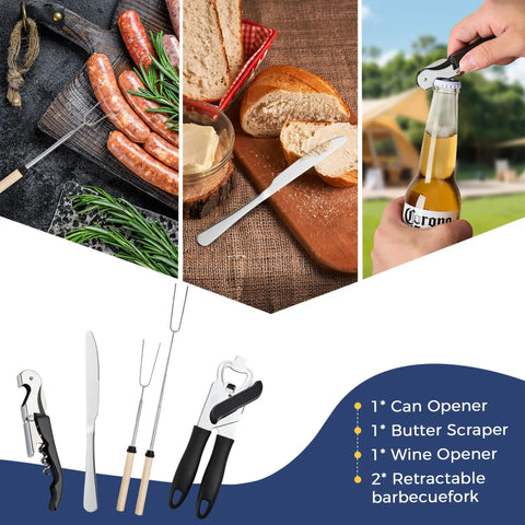 Grab And Go Portable Camping Kitchen Utensil Set 34 Piece Stainless Steel Outdoor Cookware And Grilling Kit