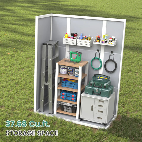 Interior of Vertical Storage Shed 51 Cu Ft Outdoor Resin Waterproof Cabinet For Garden Backyard Lawn Grey with tools and shelves