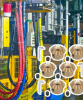 Six Piece 0.8 Module Bevel Gear Set With 15 Teeth Beefy Copper Transmission Gears Inner Hole 3mm Screws Included For Easy Install In Machinery shown in industrial setting with colorful cables.