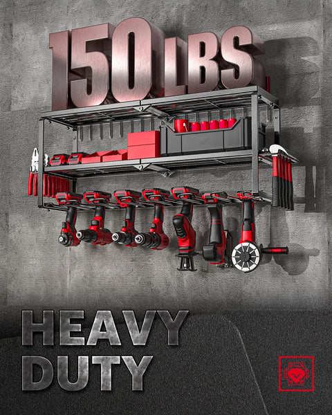 Heavy duty Power Tool Organizer Wall Mount Three Tier Tool Storage Rack with drill holder displaying tools, 150 LBS capacity.