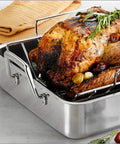 Deep Stainless Steel Roasting Pan With Basting Grill And V Rack For Oven 16.5 Inch Turkey Roaster Dishwasher Safe Made In Brazil