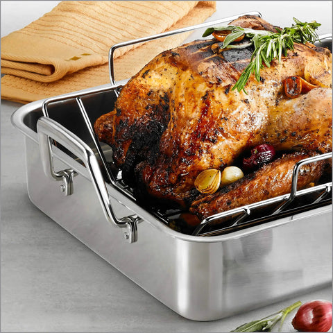 Deep Stainless Steel Roasting Pan With Basting Grill And V Rack For Oven 16.5 Inch Turkey Roaster Dishwasher Safe Made In Brazil