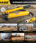 Beefy High Pressure Portable Manual Hydraulic Pump With Optional Gauge Lifts Cylinders And Jacks Anti Slip Handle Oil Return Switch Three Eighths Inch Connector Oil Hose Included CP 180 CP 700 Compatible Heavy Duty displayed on various construction sites and workshops.