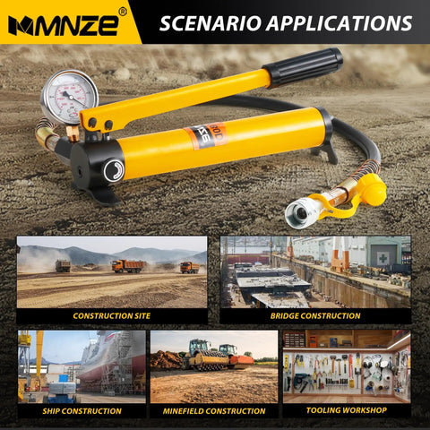 Beefy High Pressure Portable Manual Hydraulic Pump With Optional Gauge Lifts Cylinders And Jacks Anti Slip Handle Oil Return Switch Three Eighths Inch Connector Oil Hose Included CP 180 CP 700 Compatible Heavy Duty displayed on various construction sites and workshops.