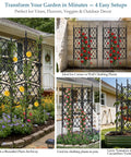 Heavy Duty 5.25ft Metal Garden Trellis For Climbing Plants Indoors Or Outdoors With Black Iron Tube Frame Wall Or Freestanding Support Includes Twist Ties For Ivy Vines Veg And Flowers displayed in various outdoor setups supporting plants.