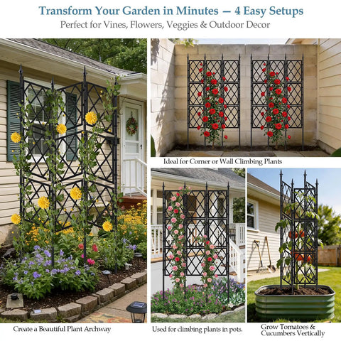 Heavy Duty 5.25ft Metal Garden Trellis For Climbing Plants Indoors Or Outdoors With Black Iron Tube Frame Wall Or Freestanding Support Includes Twist Ties For Ivy Vines Veg And Flowers displayed in various outdoor setups supporting plants.