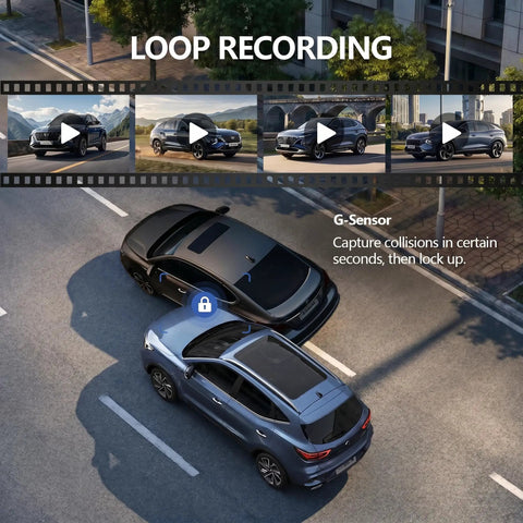 Two cars on a road illustrating G-Sensor feature of 8.1 Inch Wireless CarPlay Screen With 2K Front Dash Cam And 1080P Rear Backup Camera.