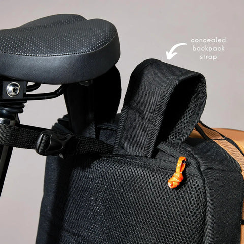 Road Ready Three In One Rear Rack Bag close-up showing concealed backpack strap near bike saddle, 37L capacity.