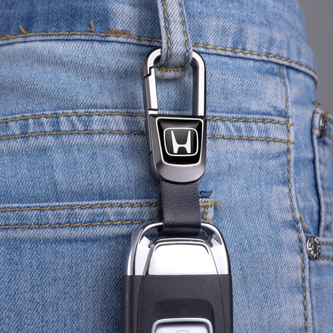 Slick Black Leather Car Keychain And Heavy Duty Zinc Alloy Key Ring Made Tough For Honda Accord Civic Crv Pilot clipped to jeans.
