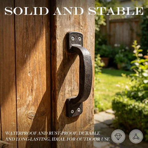 Heavy Duty Cast Iron Door Pull Handles Set Of 2 In Black Antique Finish for sliding doors, attached to wooden outdoor gate.