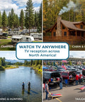RV park, cabin, fishing, and tailgating scenes highlighting Dish Playmaker Dual With Receiver Self Pointing Satellite Antenna For RVs And Outdoors Auto Satellite Acquisition Lets You Watch Two Channels At Once With Dual Receivers And No Fuss Setup For Camping Tailgating HD TV use