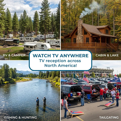 RV park, cabin, fishing, and tailgating scenes highlighting Dish Playmaker Dual With Receiver Self Pointing Satellite Antenna For RVs And Outdoors Auto Satellite Acquisition Lets You Watch Two Channels At Once With Dual Receivers And No Fuss Setup For Camping Tailgating HD TV use