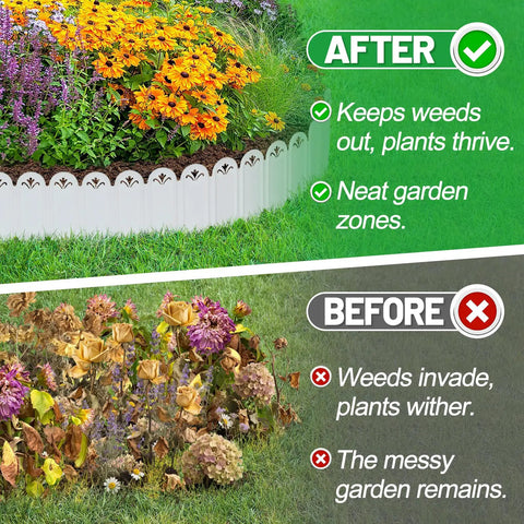 Before and after comparison using Easy Install Garden Landscape Edging Kit Sets Up In Minutes 6.5 Ft Total Length No Digging Required Lawn Border For Dividing Yard And Flower Beds Includes 10 White Panels 8.3 In Long By 5.9 In High