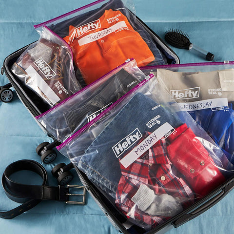 Jumbo 2.5 Gallon Storage Bags with Secure Zip and Click Closure, Writable Label for clothes and shoes in a suitcase.