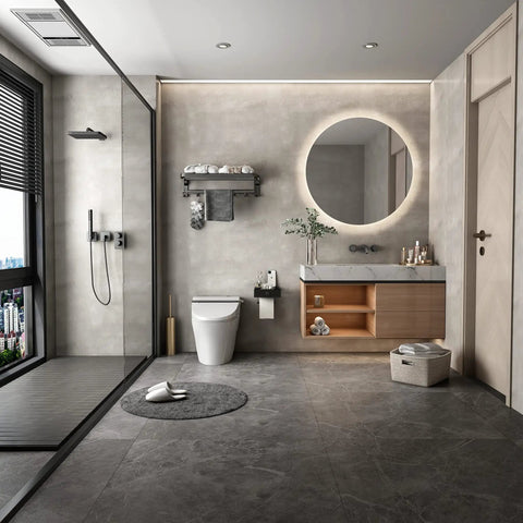 Modern bathroom featuring Black Toilet Paper Holder With Shelf And Drawer Storage, Wall Mount Wipes Dispenser