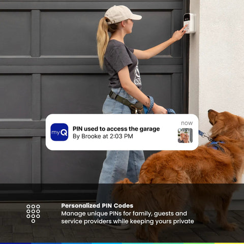 Woman using Smart Garage Door Keypad With Wide Angle Camera And Custom PIN Codes For Smartphone Control Real Time Alerts And Motion Detection