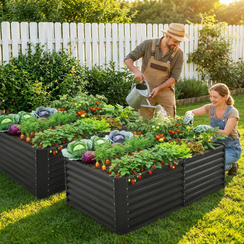 2 Pack 6x3x2 Ft Galvanized Metal Raised Garden Beds For Veggies And Flowers, 2 Ft Deep Planter Boxes in backyard setting