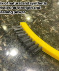 8.5 Inch Tile And Grout Scrub Brush With Durable Plastic Bristles Black Ergonomic Handle For Industrial And Professional Use Scrubs Grout Tile And Tight Crevices In Small Areas close-up of yellow handle and black bristles