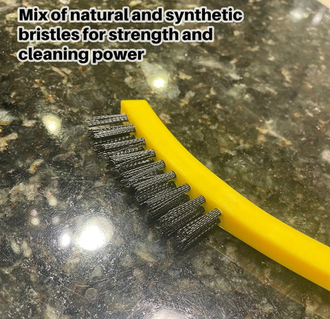 8.5 Inch Tile And Grout Scrub Brush With Durable Plastic Bristles Black Ergonomic Handle For Industrial And Professional Use Scrubs Grout Tile And Tight Crevices In Small Areas close-up of yellow handle and black bristles