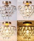 Lit Gold Crystal Chandelier Mini Ceiling Light Modern Flush Mount With Raindrop Crystals shown in four lighting conditions