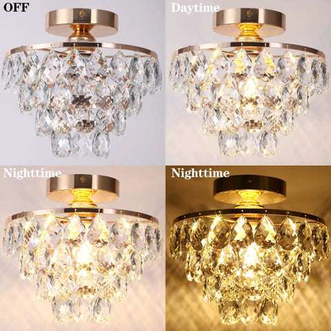 Lit Gold Crystal Chandelier Mini Ceiling Light Modern Flush Mount With Raindrop Crystals shown in four lighting conditions