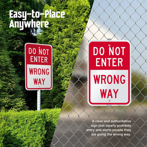 18 By 12 Inch Do Not Enter Wrong Way Aluminum Sign With 63 Mil Rustproof Metal And 3M Laminated Engineer Grade Reflective Material For Outdoor Parking And Traffic Red And White High Visibility Made In USA mounted on fence