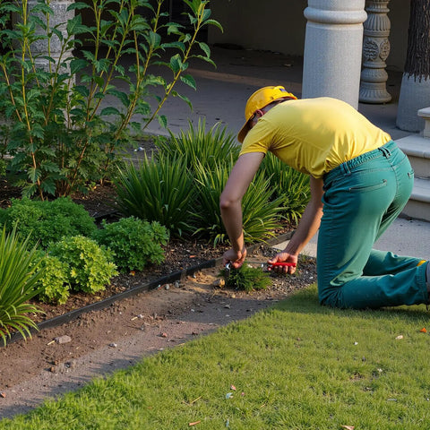 Person installing the No Dig Garden Edging Border Kit With 60 Spikes, 10 Pieces Of 6 Feet Each Plastic Lawn Edging 1.6 Inches High