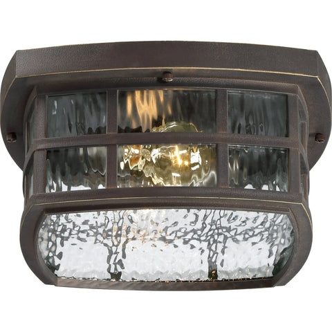 Stonington Outdoor Flush Mount Ceiling Light With 12 Inch Two Light Palladian Bronze Finish and water glass illumination