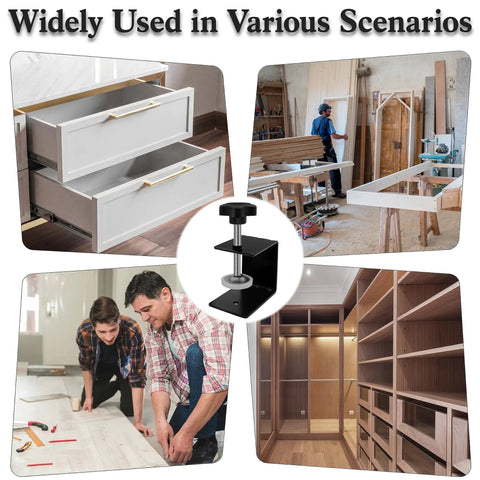 Two Pack Heavy Duty Large Drawer Installation Clamps With Three Millimeter Thickened Build For Rock Solid Holes And Zero Guesswork Cabinet Hardware Jig Featuring Non Slip Silicone Pads And No Drama Setup shown in various usage scenarios.