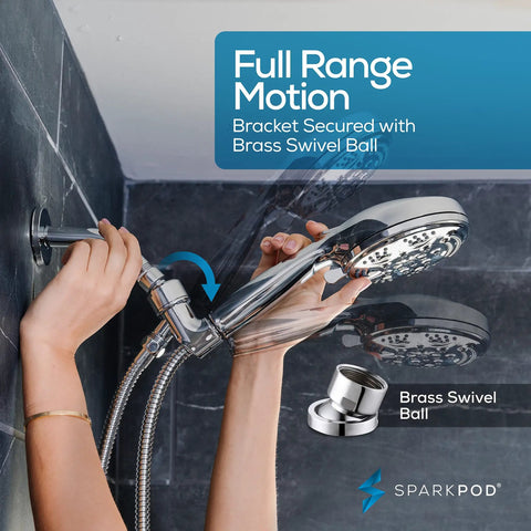 5 Inch 9 Mode Handheld Shower Head With High Pressure Jet On Off Pause Button Waterfall Setting Rain Mist And Massage Modes Premium ABS Removable Hose Gold Finish being adjusted on wall mount