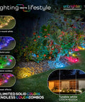 Vibe Eternity Garden Lights 50 Foot Outdoor RGBWIC LED Uplights Kit With Waterproof Landscape Lighting showcasing color effects on plants