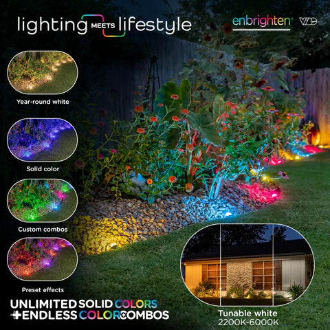 Vibe Eternity Garden Lights 50 Foot Outdoor RGBWIC LED Uplights Kit With Waterproof Landscape Lighting showcasing color effects on plants