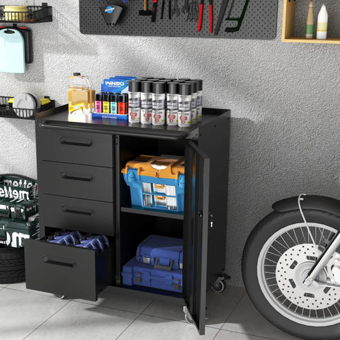 Heavy Duty Mobile Tool Storage Cabinet With Four Drawers And A Locking Door, On Wheels Tool Cart for garage in use