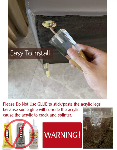 Installation of clear acrylic furniture legs replacement set of 4 for sofas cabinets with gold accent, 4.7 inch height.