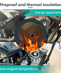 Image showing 2 Inch By 16 Foot Titanium Fiberglass Exhaust Heat Wrap Roll With Heat Shield Tape Kit on motorcycle, emphasizing fireproof features.