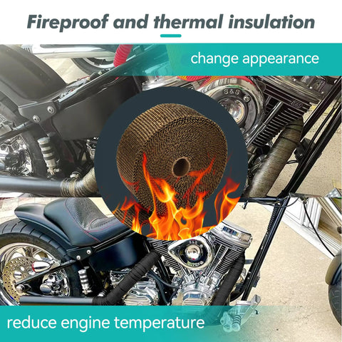 Image showing 2 Inch By 16 Foot Titanium Fiberglass Exhaust Heat Wrap Roll With Heat Shield Tape Kit on motorcycle, emphasizing fireproof features.