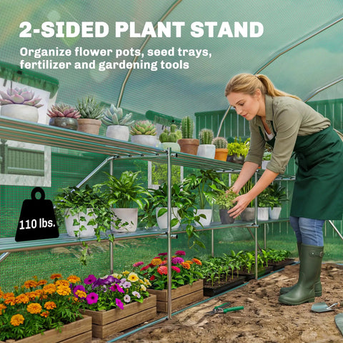 Walk In Tunnel Greenhouse With Shelves And Mesh Door For Easy Plant Care Great For Weekend Green Thumbs Outdoor Greenhouse With Two Tier Racks Windows PE Cover Perfect For Patio Garden showing woman organizing plants on shelves inside greenhouse.