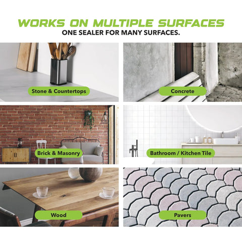 Hardcore Penetrating Sealer Spray For Concrete Brick And Unsealed Grout Leaves invisible stain shield on various surfaces.