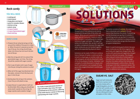 Page from Candy Chemistry Science Kit manual showing rock candy experiment and solutions explanation. Ideal for ages 10 and up.