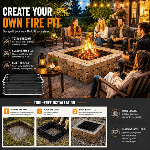 Group enjoying fire around 48 Inch Beast Heavy Duty Square Fire Pit Ring For Outdoor Use 11 Inch Tall Galvanized Steel Bonfire Pit