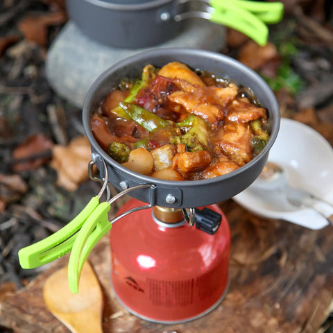 Cookware in use from Backpacking Cooking Kit 10 Piece Non Toxic Anodized Aluminum Camp Cookware Set Stove Compatible Durable Gear for Hikers and Scouts Perfect for Solo Trips
