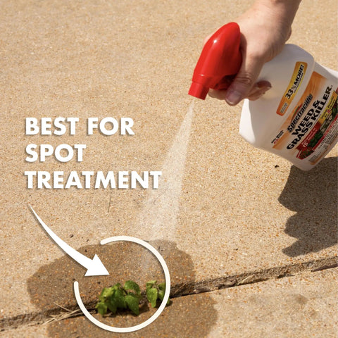 Fast Acting Weed And Grass Killer For Patios Walkways And Driveways 32 Ounces Bottle spraying weeds on concrete with visible results