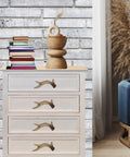 Rustic Faux Antler Cabinet Drawer Pulls Set Of 2 6 Inch Long With Screws Included on white dresser in room with brick wall