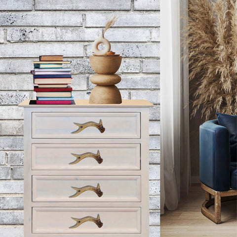 Rustic Faux Antler Cabinet Drawer Pulls Set Of 2 6 Inch Long With Screws Included on white dresser in room with brick wall