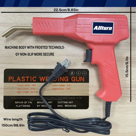 Plastic Weld Kit For DIY Car Bumper And Plastic Part Repairs With Hot Staples, Fast Fix, Red welding gun on wood surface.